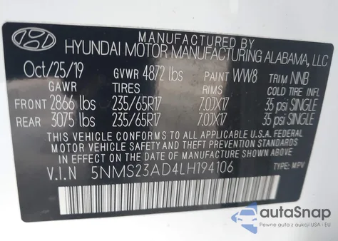 2020 Hyundai Santa Fe Se from USA, damaged, VIN 5NMS23AD4LH19410
